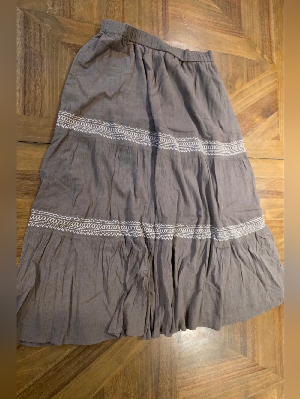 Garnet Hill Maxi Skirt Sz Large Brown Boho Minimalist Embroidered Pockets